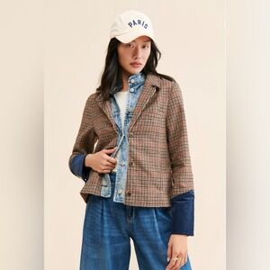 Free People Rancher Plaid Denim Jacket Womens M Blazer Hipster wool blend preppy